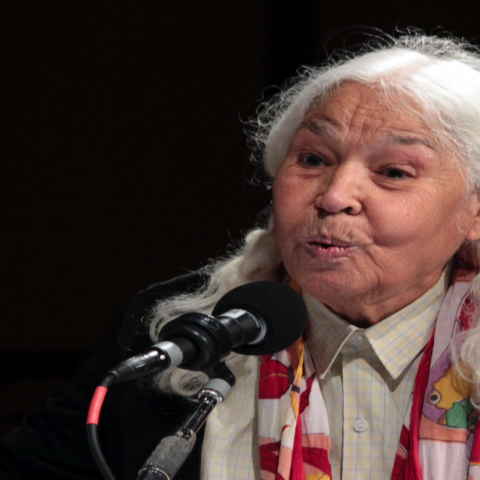 Tunisian Egyptian feminist writer Nawal el Saadawi speaks during a radio show hosted by France Inter and daily newspaper Le Monde "8 mars, 8 femmes" (March 8, 8 women) on March 8, 2012 in Paris. AFP PHOTO / MARINA HELLI 