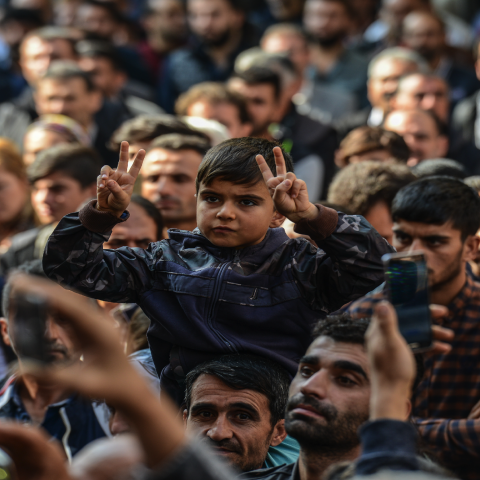 A young participant flashes the victory sign in front of the municipality headquarters in Diyarbakir, southeastern Turkey, on October 30, 2016, during a pro-Kurdish demonstration. A Turkish court has barred Figen Yuksekdag, a leader of the main pro-Kurdish party, from leaving the country, accusing her of "belonging to an armed terrorist organisation," the state-run Anadolu news agency reported on October 29, 2016. The HDP denounced the decision as "totally arbitrary" and said it would appeal. President Erdo
