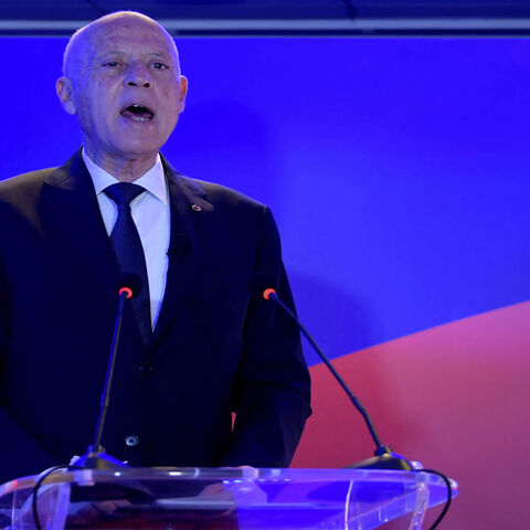 Tunisian President Kais Saied delivers a speech following the launch of Russia's Soyuz-2.1a carrier rocket from the Baikonur cosmodrome in Kazakhstan carrying 38 foreign satellites, among them Tunisia's first satellite Challenge-1, at Telnet telecommunications group, Tunis, Tunisia, March 22, 2021.