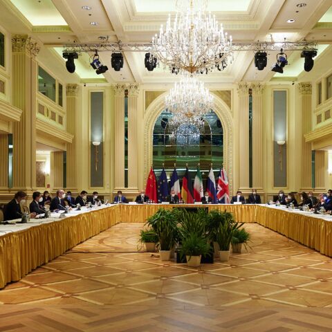 In this handout provided by the EU Delegation in Vienna, Representatives of the European Union, Iran and others attend the Iran nuclear talks at the Grand Hotel on April 15, 2021, in Vienna, Austria. 
