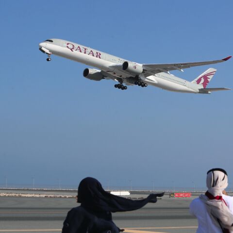 A Qatar Airways Airbus A350 airplane takes off from Hamad International Airport.