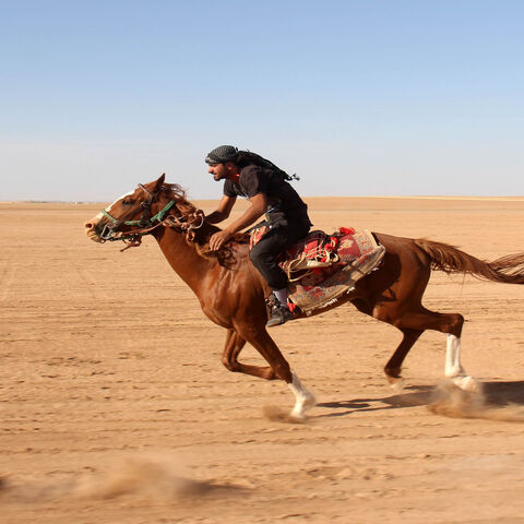 Syrians take part in a horse race for thoroughbred Arabian horses sponsored by Turkish nongovernmental organization IHH, in the southern Aleppo countryside, Syria, May 12, 2017.