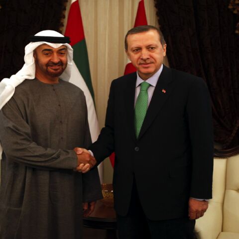 Abu Dhabi's Crown Prince Sheikh Mohammed bin Zayed al-Nahyan (L) shakes hands with Turkey's Prime Minister Recep Tayyip Erdogan before a meeting in Ankara on Feb. 28, 2012. 