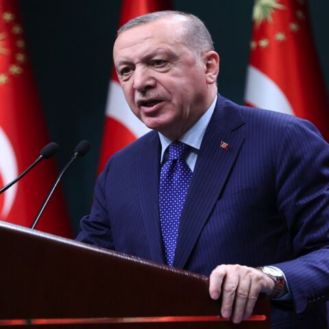 Turkish President Recep Tayyip Erdogan delivers a speech following an evaluation meeting at the Presidential Complex in Ankara on April 5, 2021.