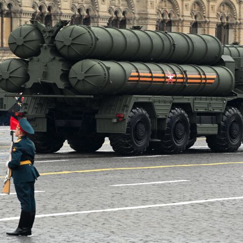 Russian S-400 anti-aircraft missile systems move through Red Square during the Victory Day military parade in Moscow on May 9, 2021.