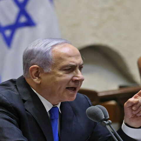 Israeli Prime Minister Benjamin Netanyahu addresses lawmakers during a special session to vote on a new government at the Knesset, Jerusalem, June 13, 2021.