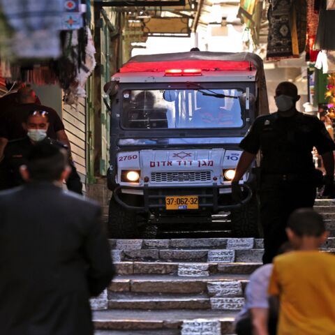 An ambulance arrives at the scene of an attempted stabbing attack in Jerusalem's Old City, on Sept. 10, 2021. 