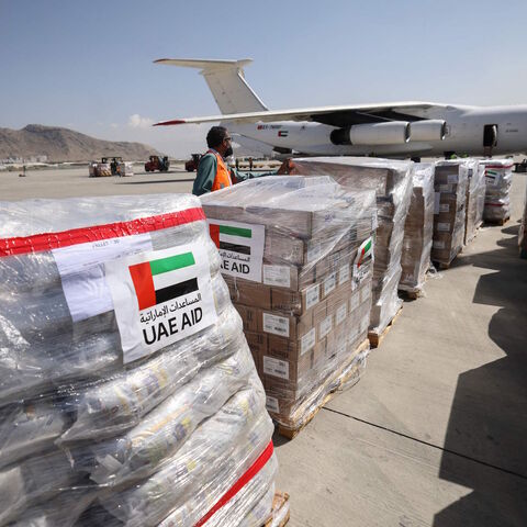 Medical aid arrived from the United Arab Emirates is pictured at the airport in Kabul on Sept. 15, 2021. 