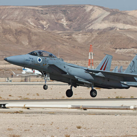 An Israeli air force F-15 fighter takes off during the Blue Flag multinational air defense exercise at Ovda air force base, north of Eilat, Israel, Oct. 24, 2021.