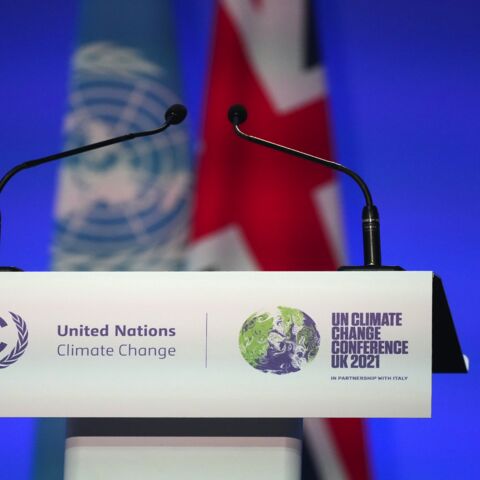 The podium is seen ahead of the start of COP26 on Oct. 31, 2021, in Glasgow, Scotland.
