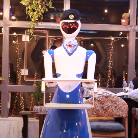 A robot waitress at the White Fox Restaurant in Mosul.