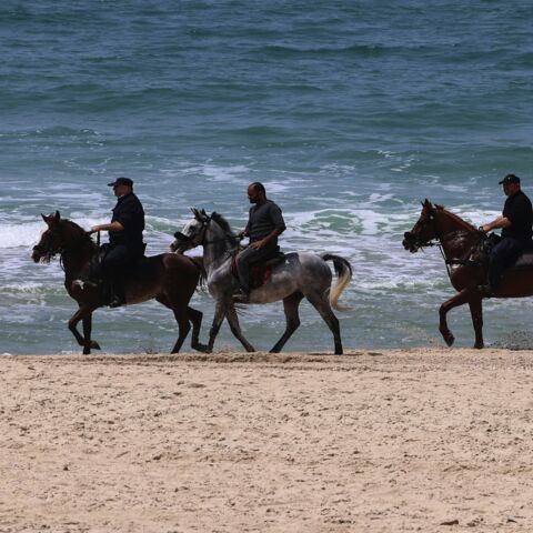 Members of the security forces of the Hamas movement patrol on horseback during a military drill.