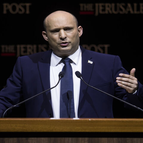 Israeli Prime Minister Naftali Bennett speaks at the Jerusalem Post's annual coference, Jerusalem, Oct. 12, 2021.