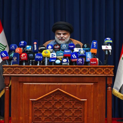 Muqtada al-Sadr, Iraqi militia leader and Shiite Muslim cleric, gives a news conference in the central holy shrine city of Najaf, on Nov. 18, 2021.