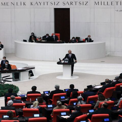 Turkish Foreign Minister Mevlut Cavusoglu speaks at the Turkish Grand National Assembly in Ankara, Dec. 13, 2021.