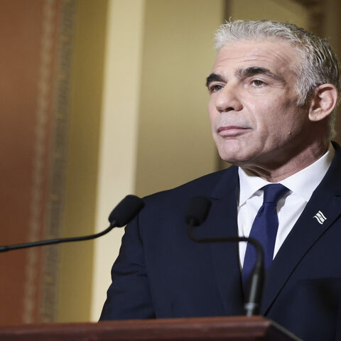 Israeli Foreign Minister Yair Lapid gives remarks after being welcomed by House Speaker Nancy Pelosi a the US Capitol, Washington, Oct. 12, 2021.
