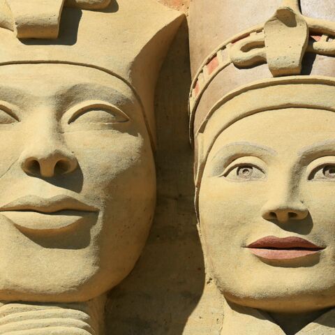 Sand statues of Egyptian King Akhenaten and Nefertiti are pictured on May 29, 2017, in Lednice, south Moravia.