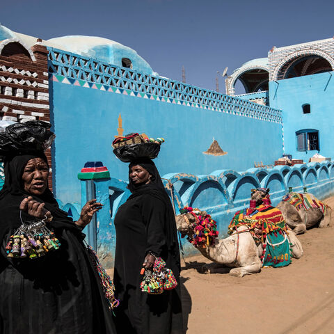 Nubian women sell souvenirs in the village of Gharb Seheyl, near Aswan, Upper Egypt, Feb. 5, 2020.