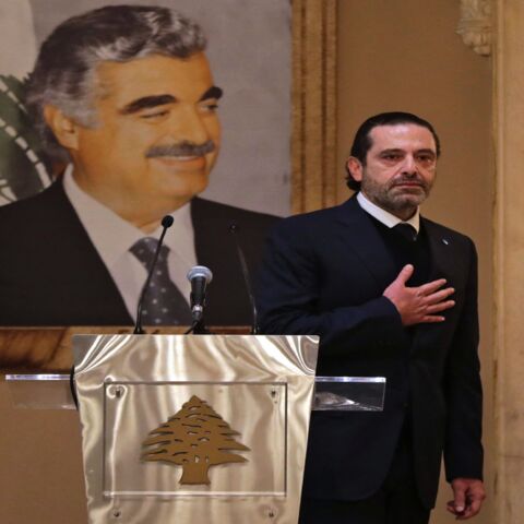 Lebanon's former Prime Minister Saad Hariri gestures to the crowd after a press conference in the capital, Beirut, on Jan. 24, 2022. 