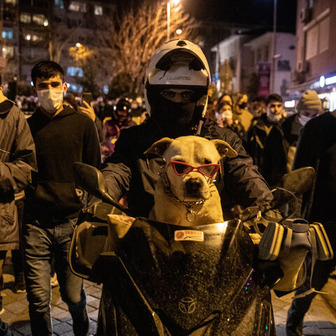A protester rides a motorbike with his dog during a protest against the appointment of new Bogazici University rector Melih Bulu in the Kadikoy district on Feb. 2, 2021 in Istanbul Turkey. 