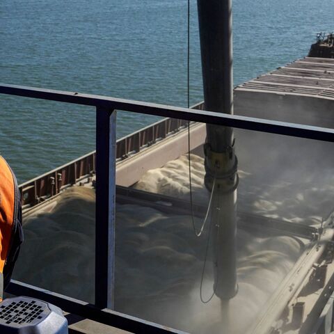 :oading barley onto a cargo ship Sormovo-2 in the international port of Rostov-on-Don.