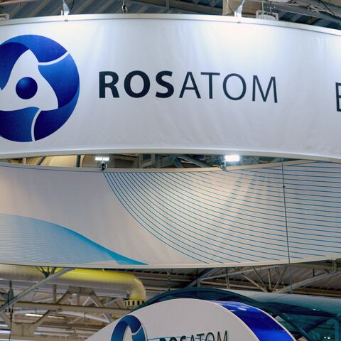 A picture taken on June 28, 2016 shows the logo of Russian atomic energy agency Rosatom during the World Nuclear Exhibition in Le Bourget, near Paris. / AFP / ERIC PIERMONT (Photo credit should read ERIC PIERMONT/AFP via Getty Images)