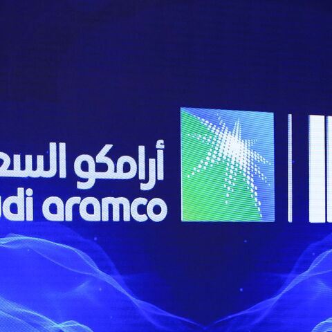 A picture taken on November 3, 2019 shows a sign of Saudi Aramco's initial public offering (IPO) during a press conference by the state company in the eastern Saudi Arabian region of Dhahran. - Saudi Aramco confirmed it planned to list on the Riyadh stock exchange, describing it as a "significant milestone" in the history of the energy giant. (Photo by - / AFP) (Photo by -/AFP via Getty Images)