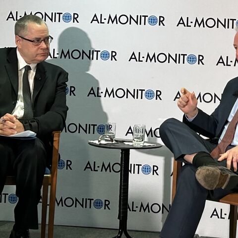 Senator Chris Van Hollen (R) speaks with Al-Monitor president Andrew Parasiliti at an Al-Monitor event in Washington, DC, Jan. 31, 2023.