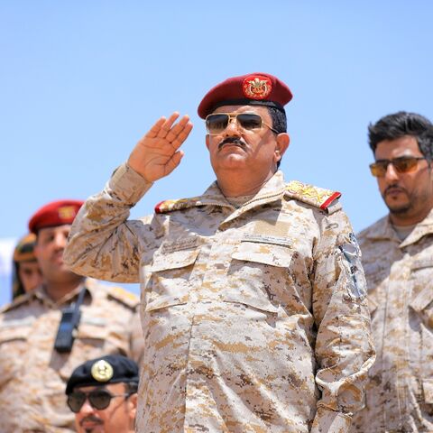 Yemeni Defence Minister Lieutenant General Mohsen Mohammed al-Daeri takes the salute at a passing out parade for army cadets in Marib province last week