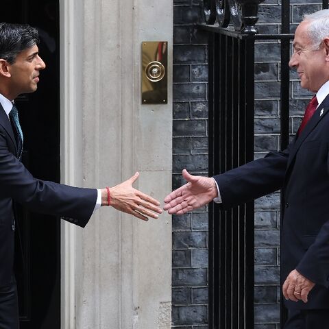 Demonstrators could be heard shouting 'shame' as Israel's Benjamin Netenyahu (R) met his UK counterpart, Prime Minister Rishi Sunak (L)