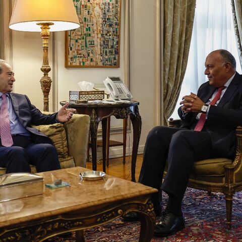 Egyptian Foreign Minister Sameh Shoukry meets with his Syrian counterpart Faisal Mekdad at the ministry headquarters in Cairo