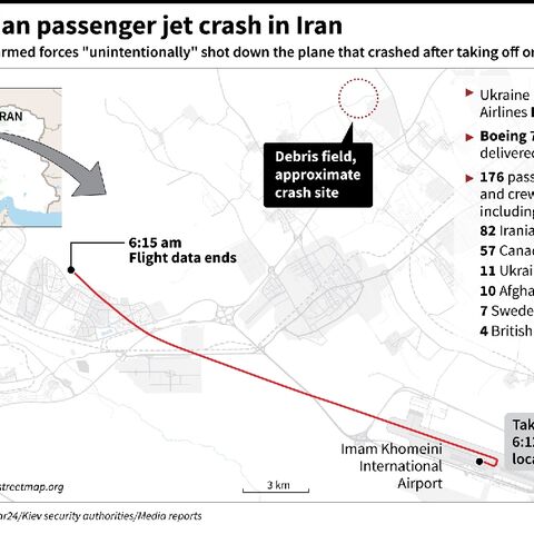 Map and details of the path of Ukrainian International Airlines flight PS-752 which crashed shortly after takeoff from Tehran on January 8.