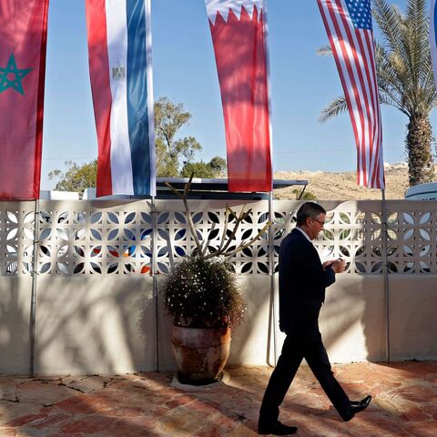 Flags are set up during Israel's Negev Summit attended by the US Secretary of State, alongside Foreign Ministers of Israel, Egypt, Bahrain, the UAE, and Morocco, at Sde Boker in the southern Negev desert on March 28, 2022. (Photo by JACK GUEZ / AFP) (Photo by JACK GUEZ/AFP via Getty Images)