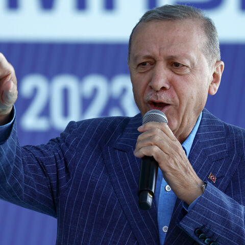  Turkey's President Recep Tayyip Erdogan speaks at his final election campaign rally of the second round of the election campaign on May 27, 2023 in Istanbul, Turkey. President Erdogan was forced into a runoff election when neither he nor his main challenger, Kemal Kilicdaroglu of the Republican People's Party (CHP), received more than 50 percent of the vote on the May 14 election. The runoff vote will be held this Sunday, May 28. (Photo by Jeff J Mitchell/Getty Images)