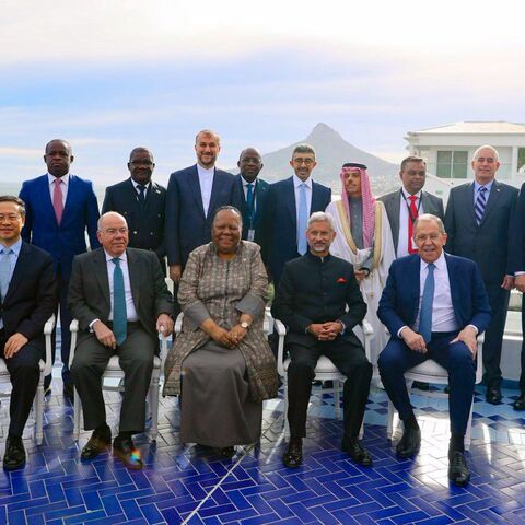 Foreign ministers of BRICS nations pose for a family photo with representatives from Africa and the global South during a summit in Cape Town, South Africa, June 2, 2023. 