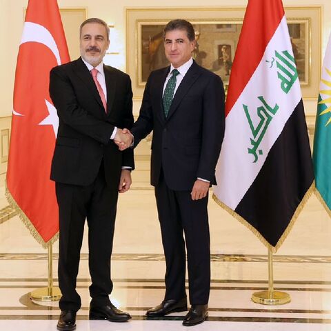 Turkey's Foreign Minister Hakan Fidan (L) held talks in the Iraqi northern city of Arbil with the president of the Kurdish autonomous region Nechirvan Barzani amid calls by Ankara for Baghdad to label the PKK a terrorist organisation