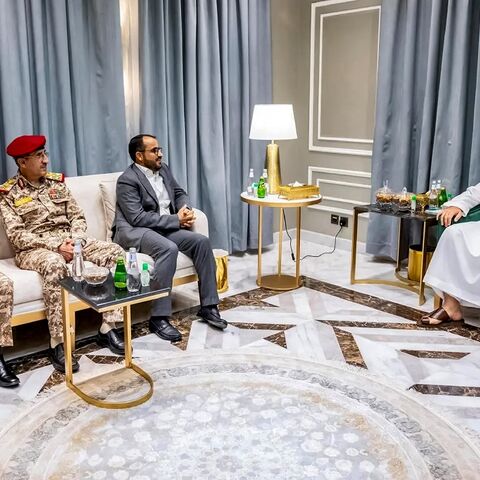 Saudi Arabia's Defence Minister Prince Khalid bin Salman (R) met the Huthi delegation in Riyadh