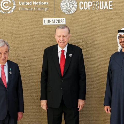 António Guterres, United Nations Secretary-General, Recep Tayyip Erdogan, President of the Republic of Türkiye and His Highness Mohamed bin Zayed Al Nahyan, President of the United Arab Emirates and Ruler of Abu Dhabi during the UN Climate Change Conference COP28 at Expo City Dubai on Dec. 1, 2023 in Dubai, United Arab Emirates. 