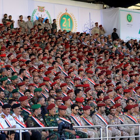 Houthi soldiers attend a military parade marking the ninth anniversary of the Houthi takeover of the capital Sanaa on Sept. 21, 2023.