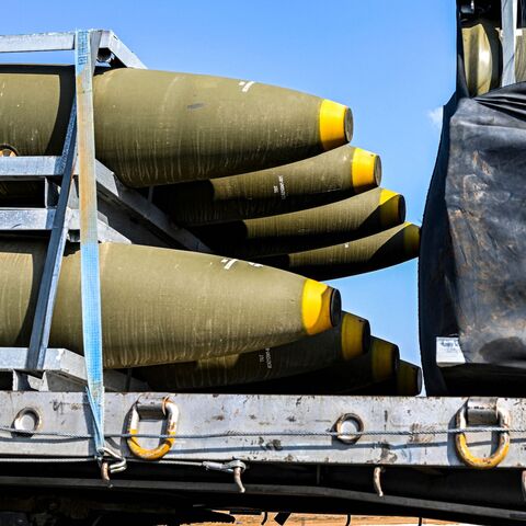 A shipment of 155mm artillery shells used by the Israeli army is transported on a truck along a highway between the Jerusalem and Beersheba in southern Israel on October 14, 2023. (Photo by Yuri CORTEZ / AFP) (Photo by YURI CORTEZ/AFP via Getty Images)