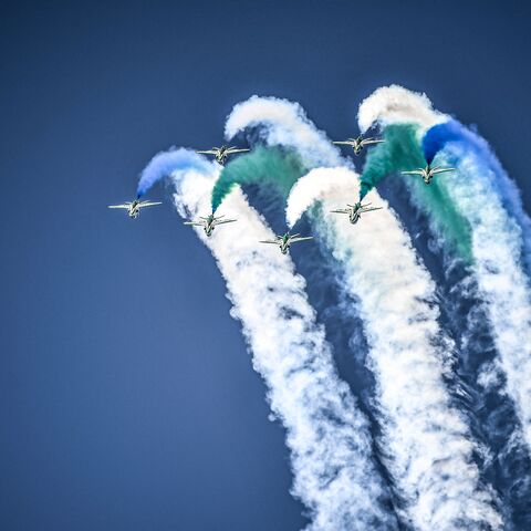 TOPSHOT - Saudi elite aerobatic flying team of the Royal Saudi Air Force Saudi Hawks performs during the aviation event 11th Athens Flying Week over Tanagra air base in Schimatari, north of Athens, on September 3, 2023. (Photo by Theophile Bloudanis / AFP) (Photo by THEOPHILE BLOUDANIS/AFP via Getty Images)