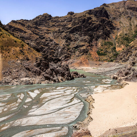 The low water inlet of the river upstream of the Amir Kabir dam along the Karaj river is pictured in Iran's northern Alborz mountain range on June 1, 2025. Tehran is facing a water shortage due to low rainfall last year and the beginning of summer. (Photo by ATTA KENARE / AFP) (Photo by ATTA KENARE/AFP via Getty Images)
