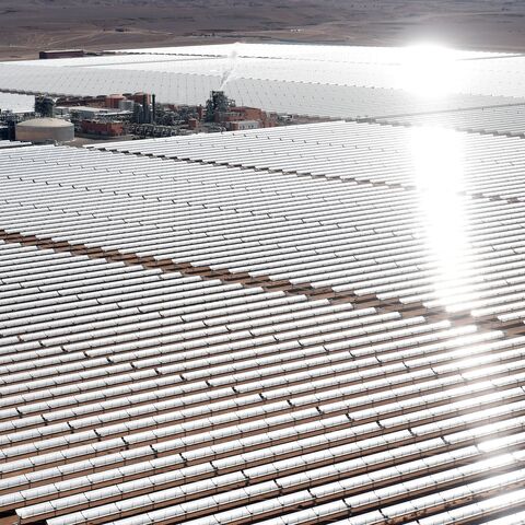 An aerial view of the solar mirrors at the Noor 1 Concentrated Solar Power plant some 12.5 miles outside the central Moroccan town of Ouarzazate, on Feb. 4, 2016.