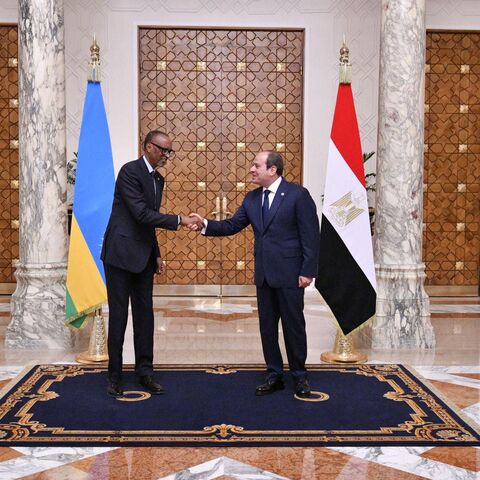 Egyptian President Abdel Fattah al-Sisi greets his Rwandan counterpart Paul Kagame in Cairo, Sept. 23, 2025.