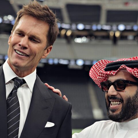 Tom Brady and head of Saudi Arabia’s General Entertainment Authority, Turki al-Sheikh, unveil the flag football tournament in Las Vegas on Sept. 17, 2025.
