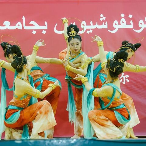 Dancers perform at the opening of the Confucius Institute in Algiers, Sept. 23, 2025.