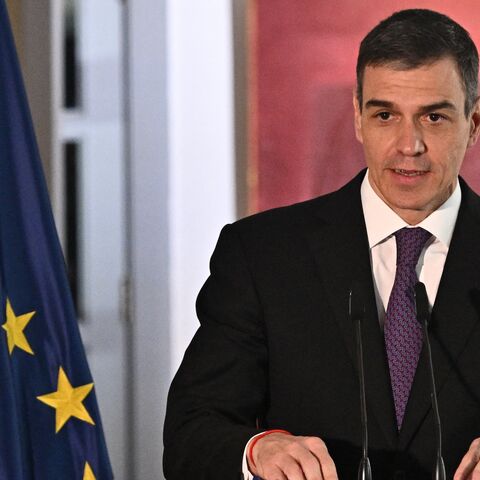 Spanish Prime Minister Pedro Sanchez attends a press conference at the Spanish Embassy in Beijing on April 11, 2025, after meeting with Chinese President Xi Jinping.