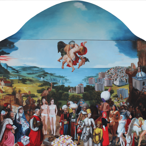 "The 3rd Siege of Vienna and the Refugees" highlights Turco-EU refugee issue, where a faceless sultan rides on horse toward a pile of euros (Courtesy of the Artist)