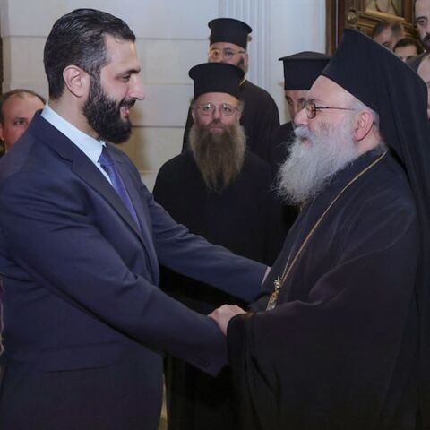 Syrian President Ahmed al-Sharaa meets with Patriarch John X Yazigi in Damascus, Oct. 26, 2025.