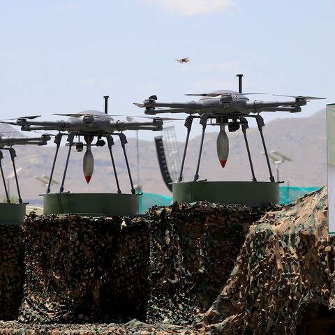 Drones are displayed on the back of a vehicle during an official military parade marking the ninth anniversary of the Houthi takeover of the capital, Sanaa, on Sept. 21, 2023.